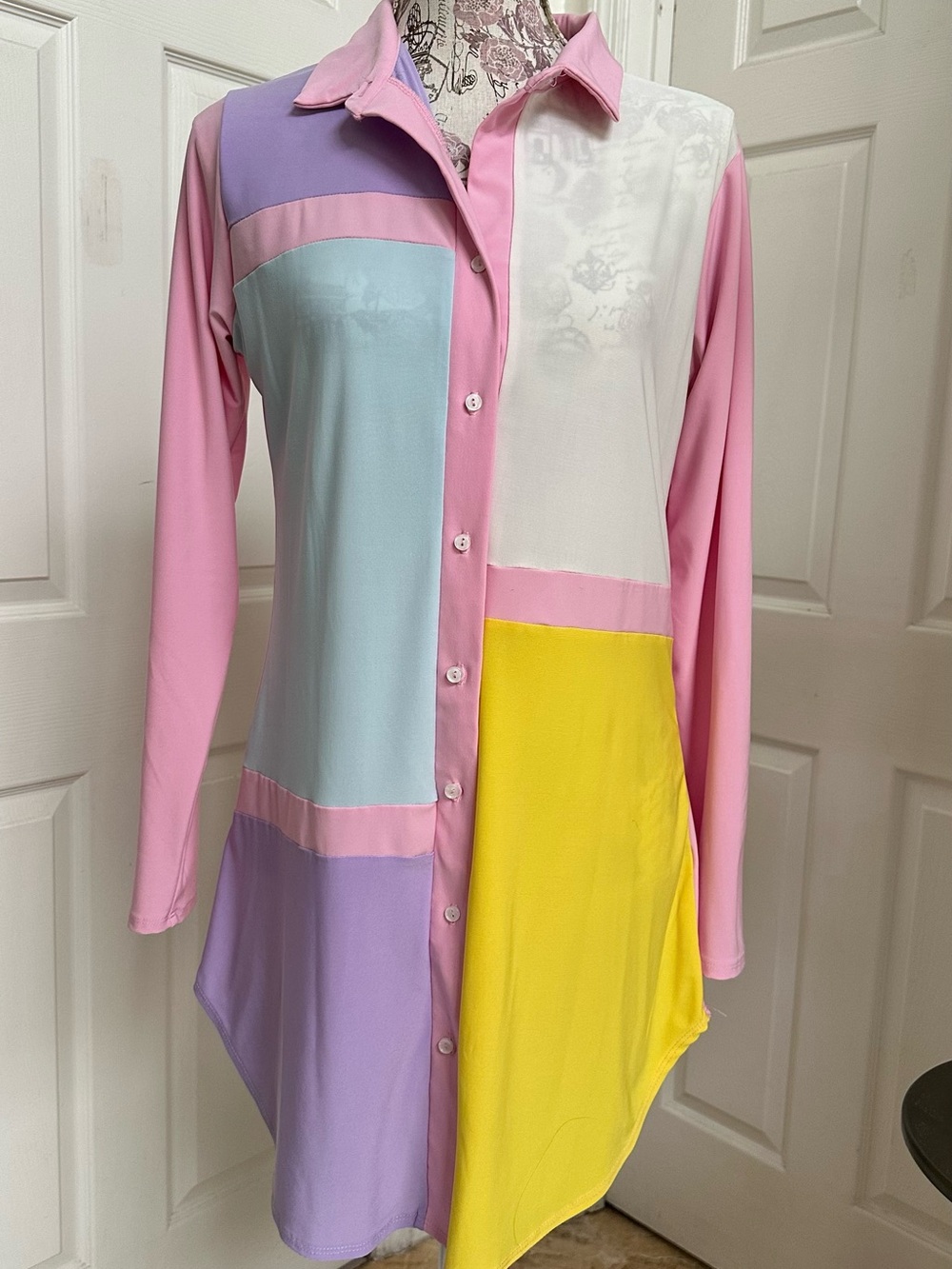Colorblock Pastel Button-Front Shirt Dress - Pink & Yellow Size L